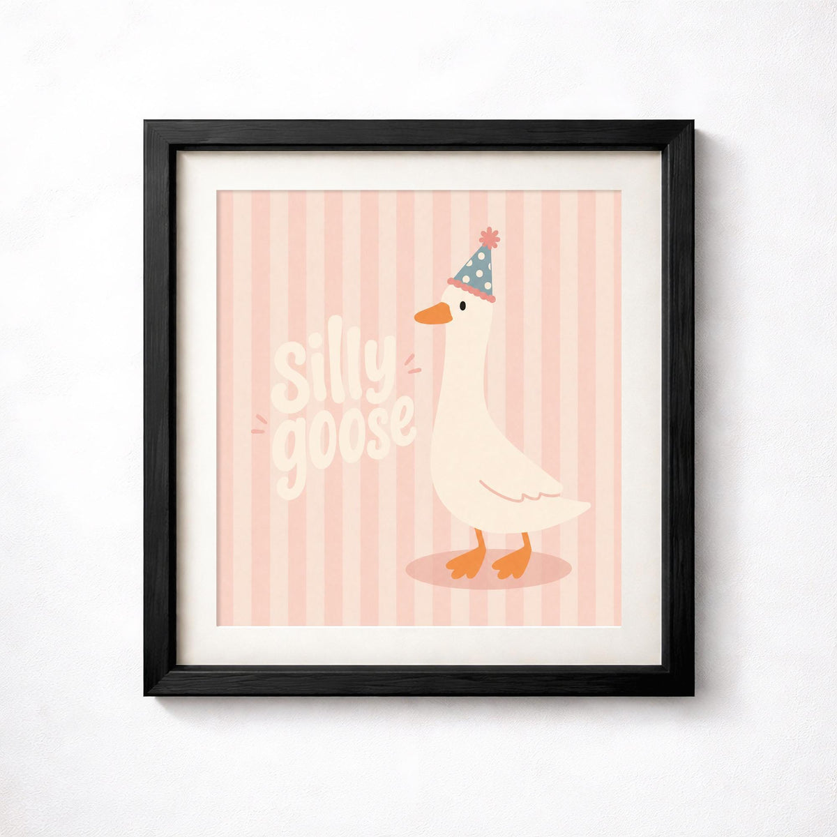 Party Hat Goose Print, Pink Nursery Wall Art, Whimsical Kids Poster