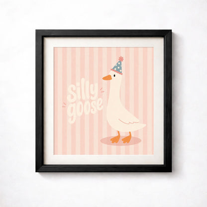 Party Hat Goose Print, Pink Nursery Wall Art, Whimsical Kids Poster