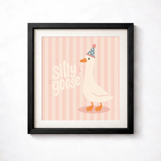 Party Hat Goose Print, Pink Nursery Wall Art, Whimsical Kids Poster