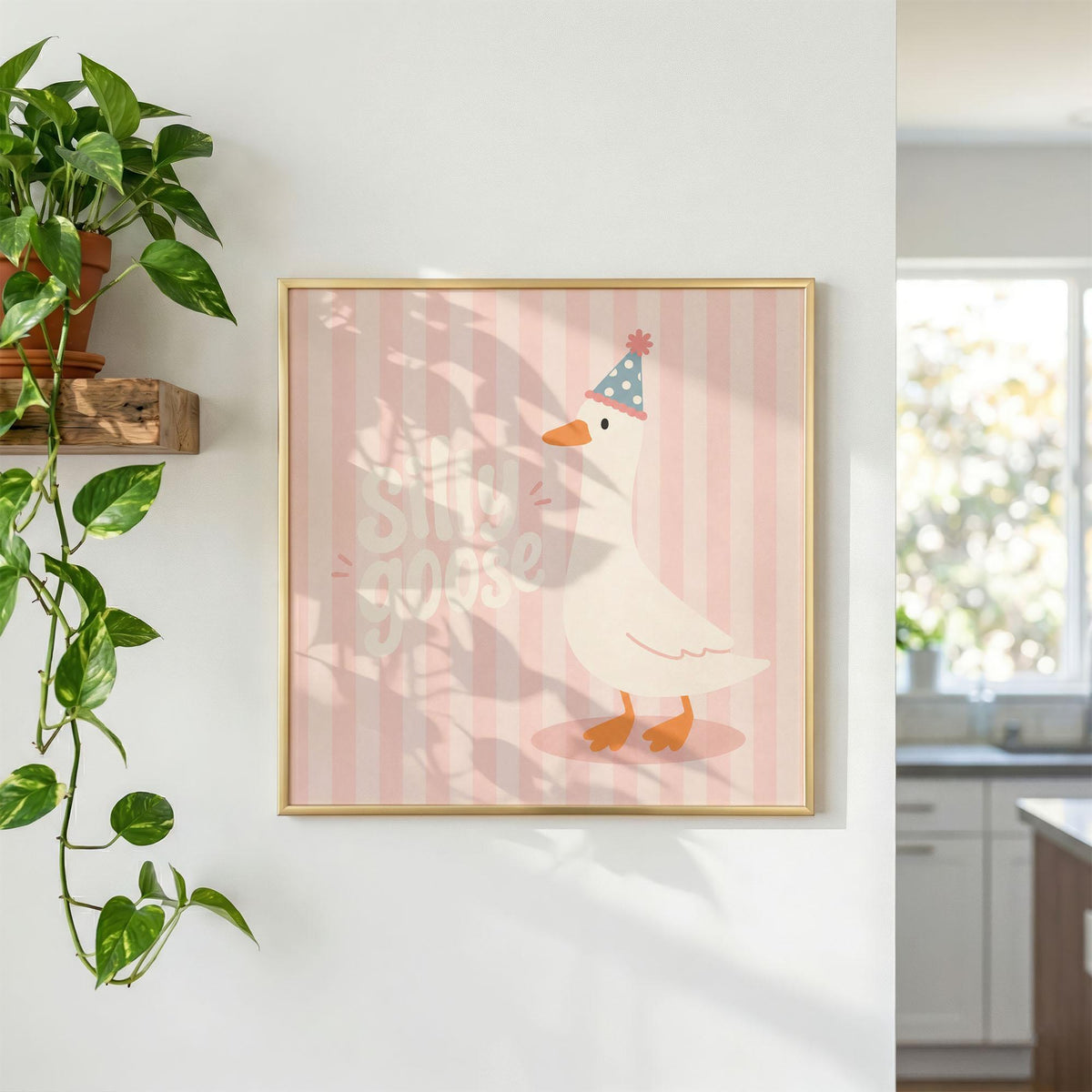 Party Hat Goose Print, Pink Nursery Wall Art, Whimsical Kids Poster