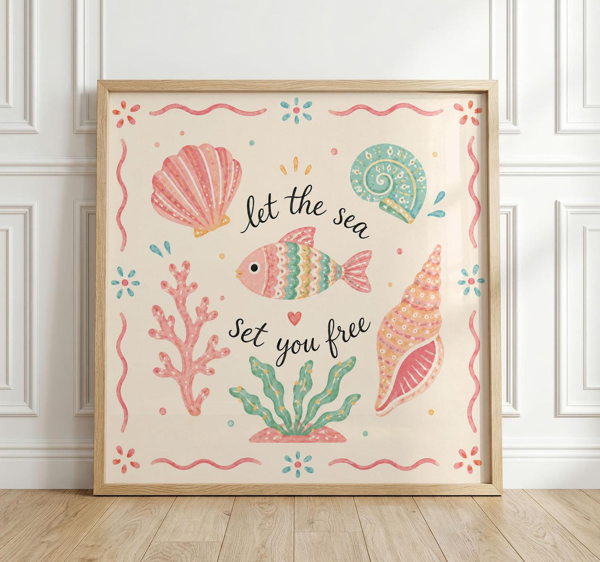 Let the Sea Set You Free Print, Pastel Coastal Wall Art, Seashell Poster