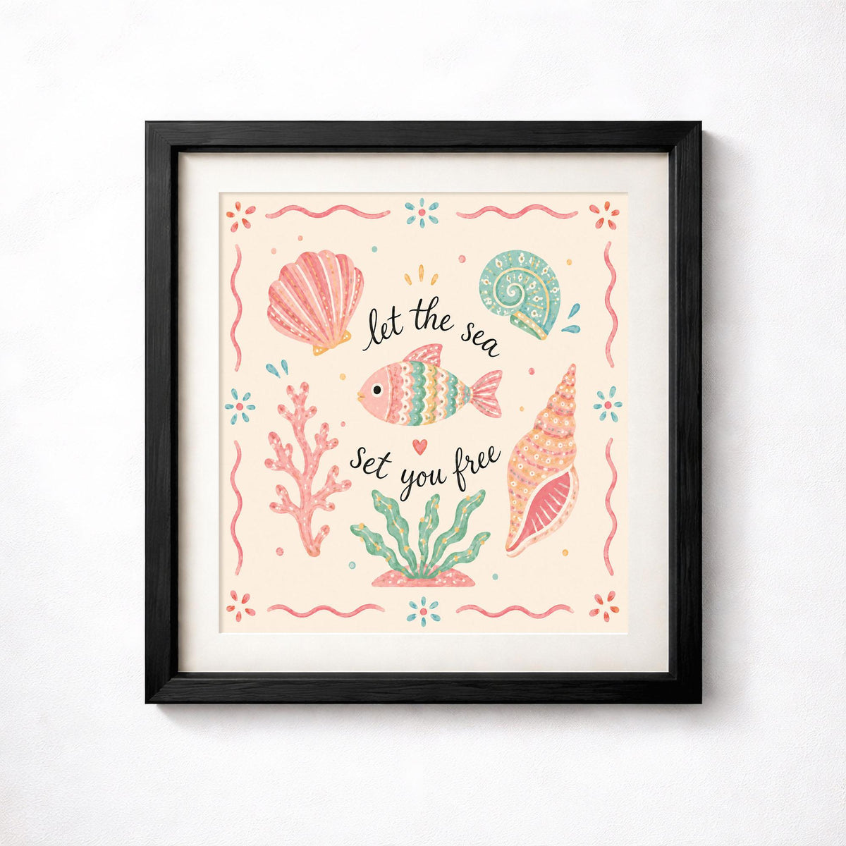 Let the Sea Set You Free Print, Pastel Coastal Wall Art, Seashell Poster