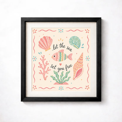Let the Sea Set You Free Print, Pastel Coastal Wall Art, Seashell Poster