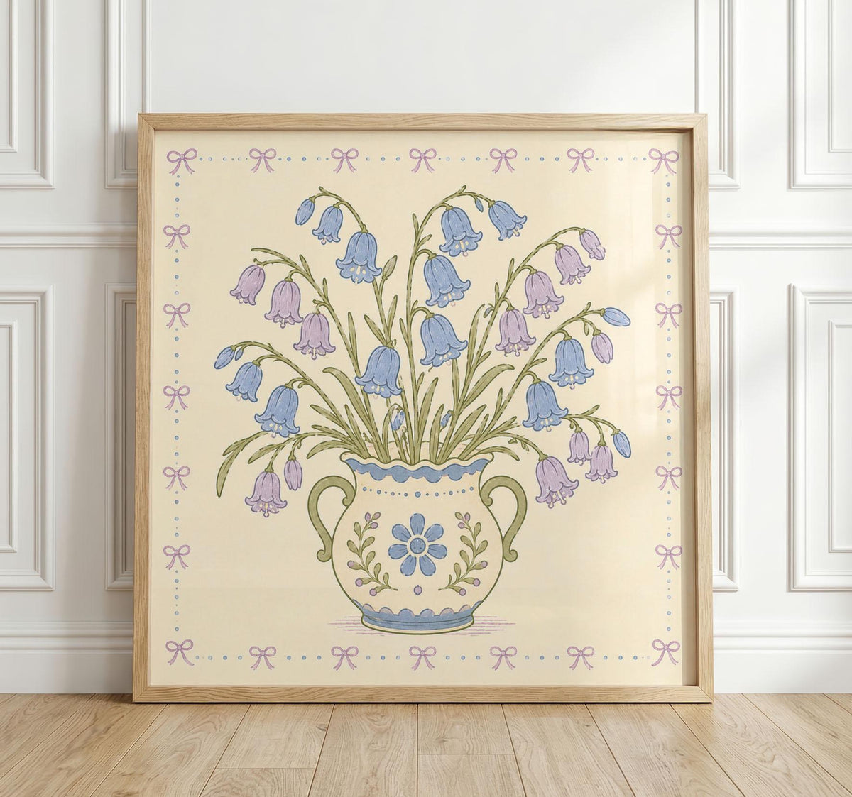 Bluebell Bouquet Print, Blue and Lilac Flowers in Decorative Vase, Floral Wall Art