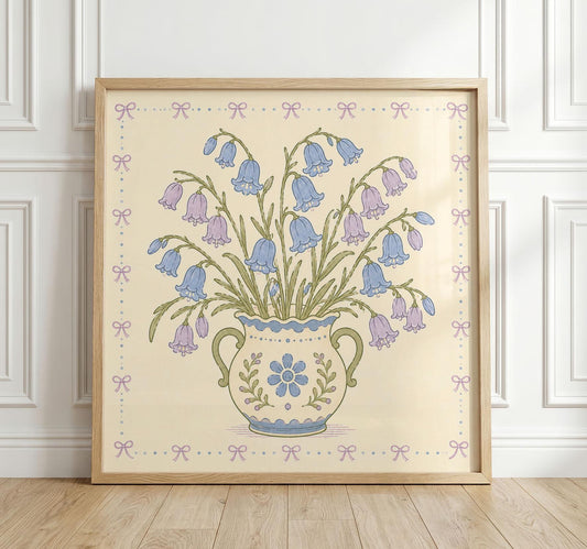 Bluebell Bouquet Print, Blue and Lilac Flowers in Decorative Vase, Floral Wall Art