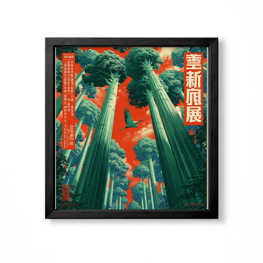 Japanese bamboo forest with flying crane and red sky vintage travel wall art print