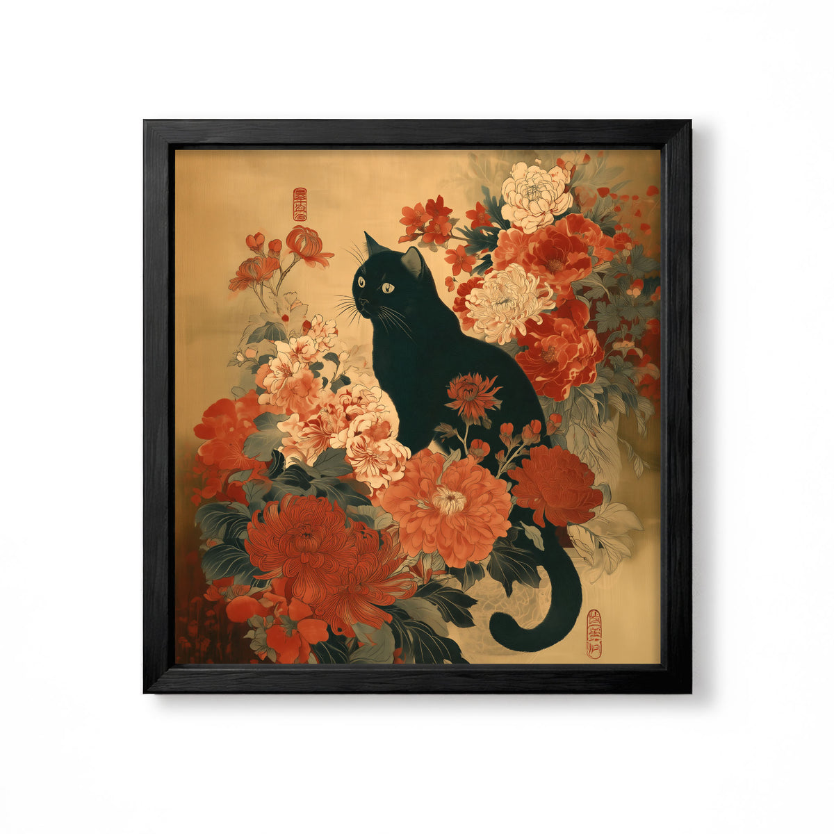 Japanese black cat surrounded by red and cream peony flowers vintage floral wall art print