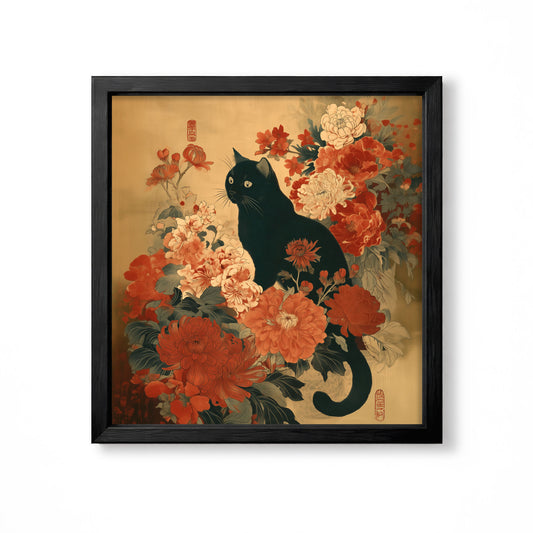 Japanese black cat surrounded by red and cream peony flowers vintage floral wall art print