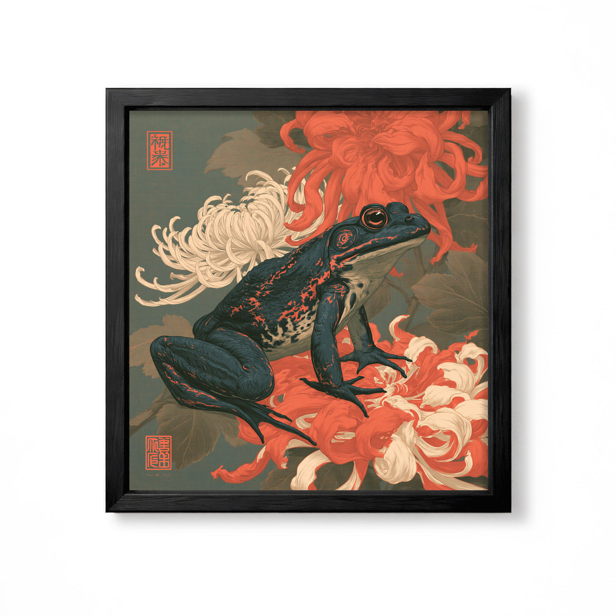 Japanese dark frog surrounded by red and cream chrysanthemum flowers vintage animal wall art print