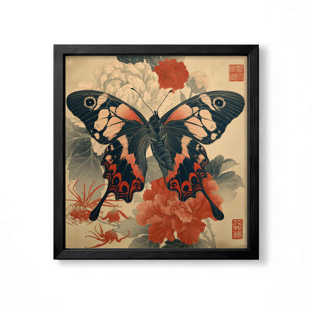 Japanese butterfly with red and cream peony flowers vintage botanical insect wall art print