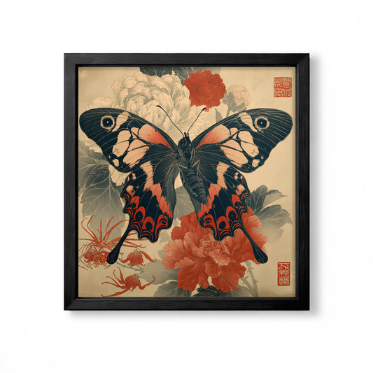 Japanese butterfly with red and cream peony flowers vintage botanical insect wall art print