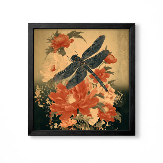 Japanese dragonfly with red and cream peony flowers vintage botanical insect wall art print