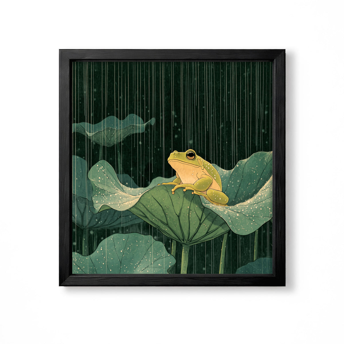 Japanese green frog on lotus leaf in rain dark botanical pond wall art print