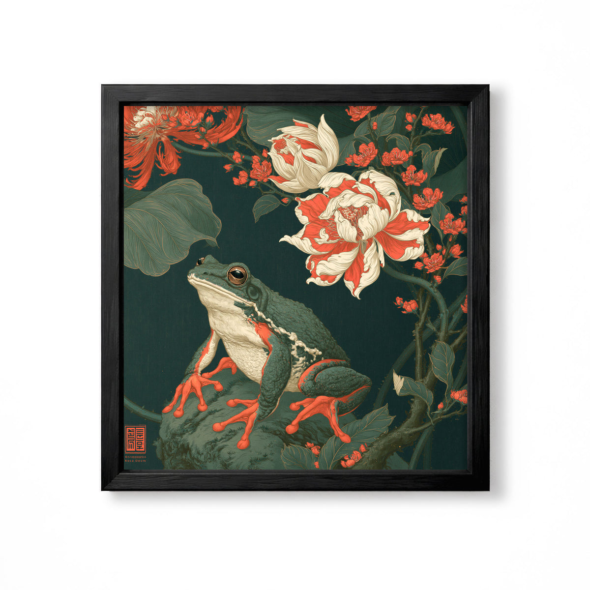 Japanese green frog with red and cream flowers on dark teal vintage animal wall art print