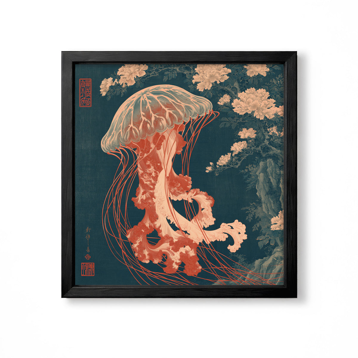 Japanese coral jellyfish with pale flowers and rocky landscape vintage ocean wall art print