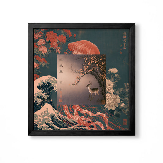 Japanese jellyfish deer collage with waves and flowers vintage style wall art print