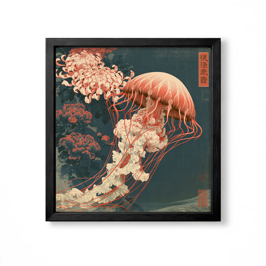 Japanese coral jellyfish with red and cream flowers on dark teal vintage ocean wall art print