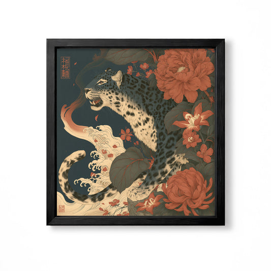 Japanese leopard with peony flowers and stylised waves vintage animal wall art print