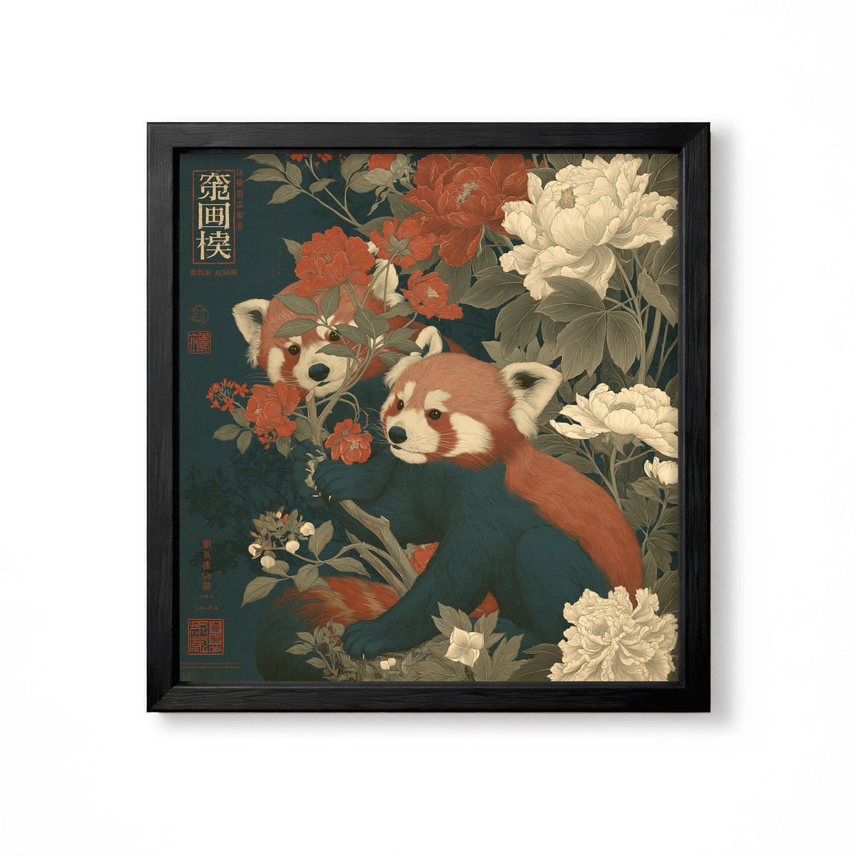 Japanese red pandas surrounded by red and cream peony flowers vintage wildlife wall art print