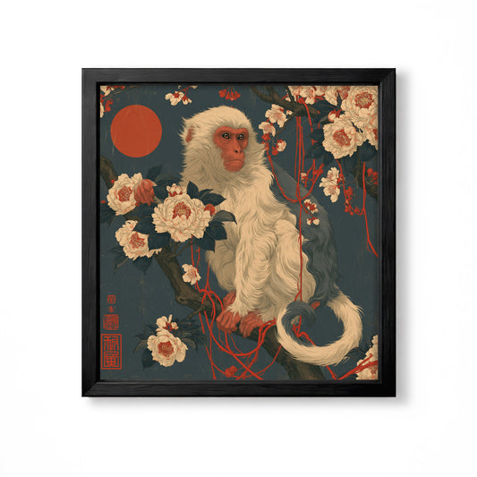 Japanese snow monkey with peony blossoms and red sun vintage animal wall art print