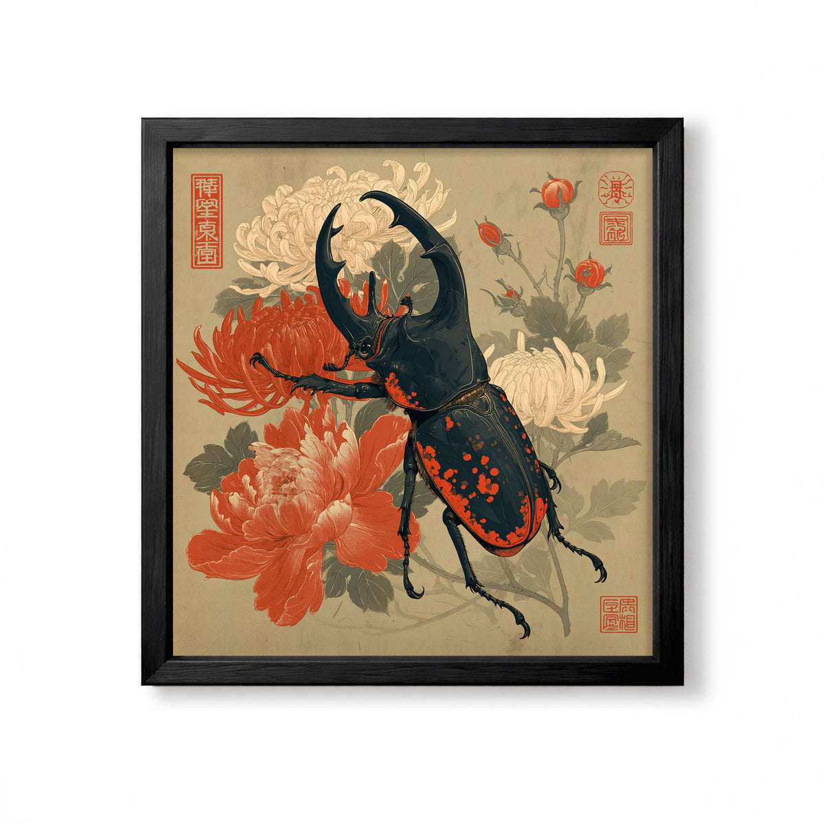 Japanese stag beetle with red and cream peony flowers vintage insect botanical wall art print