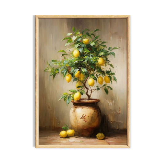 Potted lemon tree with ripe yellow lemons in a rustic cottagecore still life