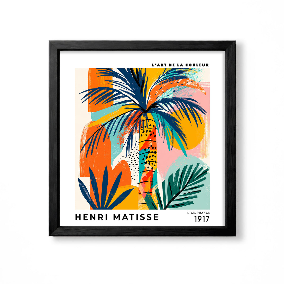 Henri Matisse inspired abstract palm tree collage with blue orange yellow pink and teal shapes square wall art