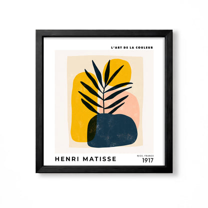 Henri Matisse inspired abstract botanical plant with mustard yellow blush pink and navy shapes square wall art