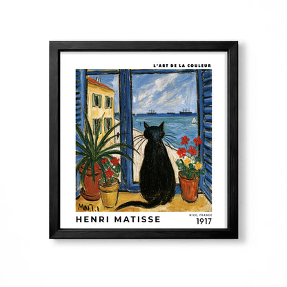 Henri Matisse inspired black cat at blue coastal window with red flowers plants sea and sailing ships square wall art