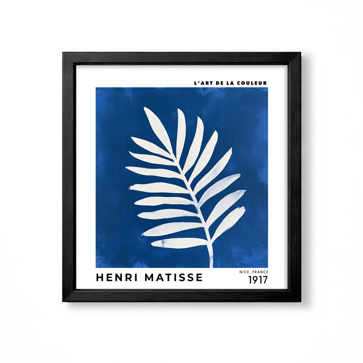 Henri Matisse inspired white tropical leaf on rich blue background modern botanical square art print