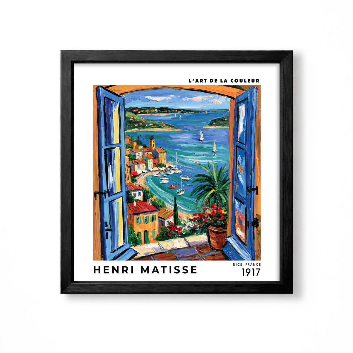 Henri Matisse inspired blue open window overlooking colourful coastal village harbour and sailboats square wall art