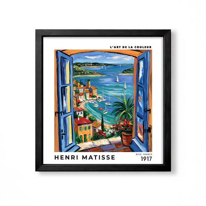 Henri Matisse inspired blue open window overlooking colourful coastal village harbour and sailboats square wall art
