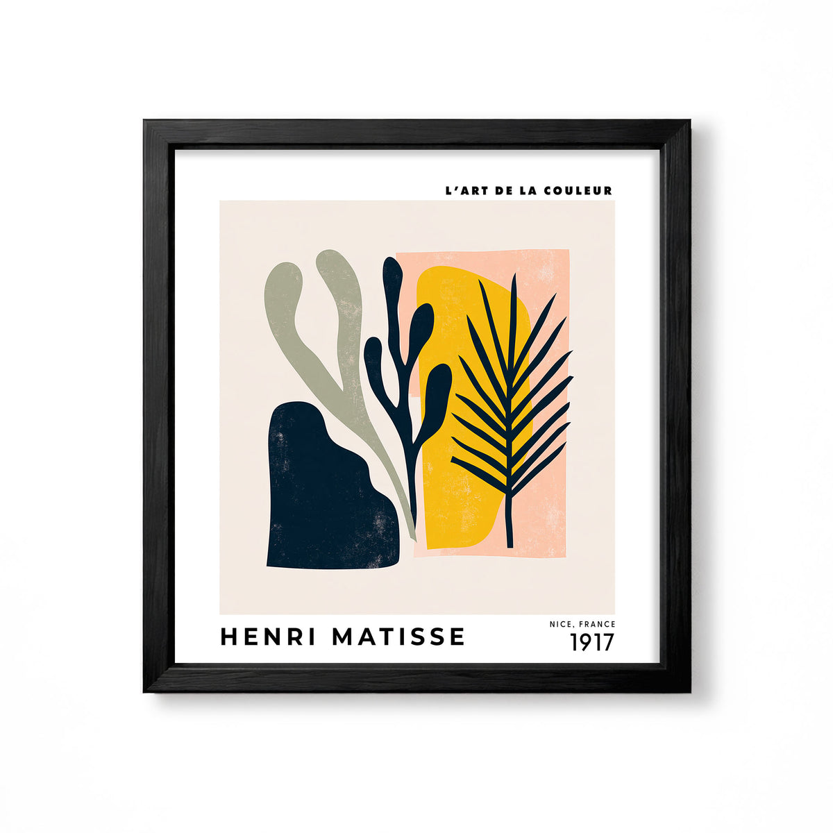 Henri Matisse inspired abstract botanical cutout with navy palm leaf sage coral and mustard shapes square wall art