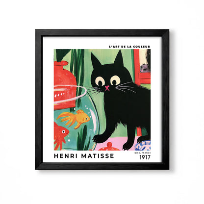 Henri Matisse inspired black cat beside goldfish bowl colourful green pink and red interior square wall art