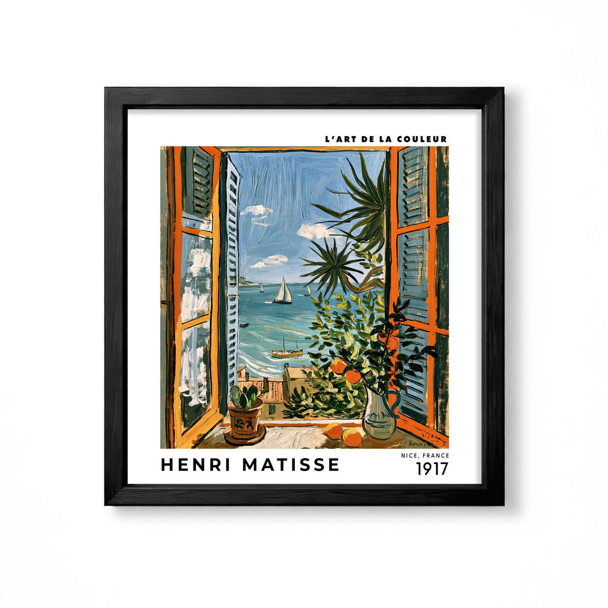 Henri Matisse inspired open coastal window with citrus branches oranges sailboats and blue sea square wall art