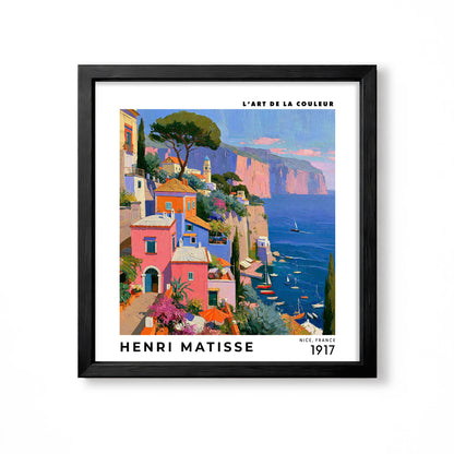 Henri Matisse inspired colourful Mediterranean coastal village with pink houses cliffs blue sea and sailboats square wall art