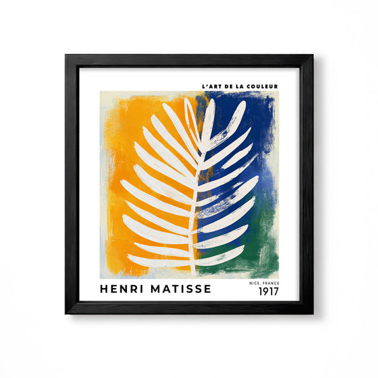 Henri Matisse inspired white leaf over orange blue and green colour blocks abstract botanical wall art