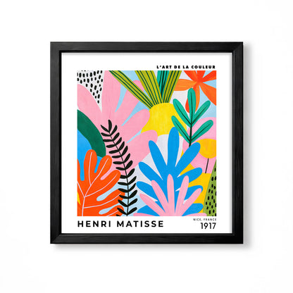 Henri Matisse inspired colourful abstract floral botanical print with pink orange blue green and yellow leaves square wall art