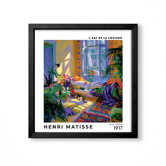 Henri Matisse inspired colourful sunlit interior room with bed rugs plants and cat square wall art print