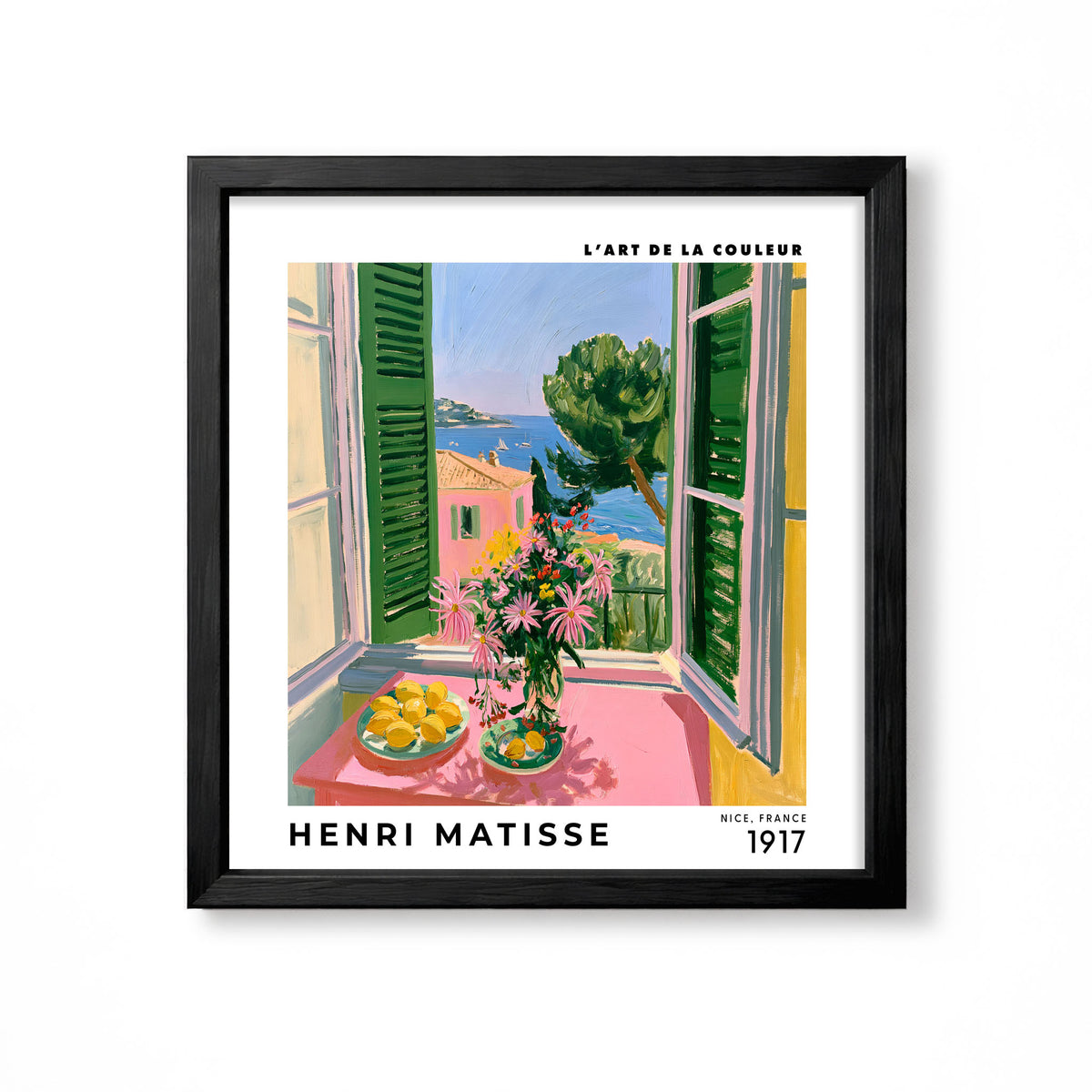 Henri Matisse inspired French Riviera window scene with green shutters pink table flowers lemons and blue sea square wall art