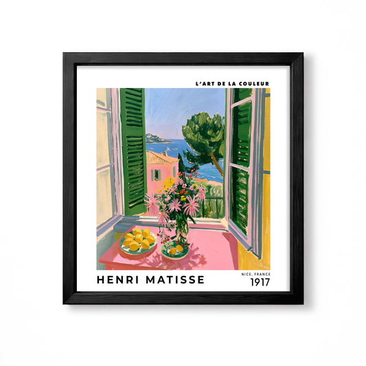 Henri Matisse inspired French Riviera window scene with green shutters pink table flowers lemons and blue sea square wall art