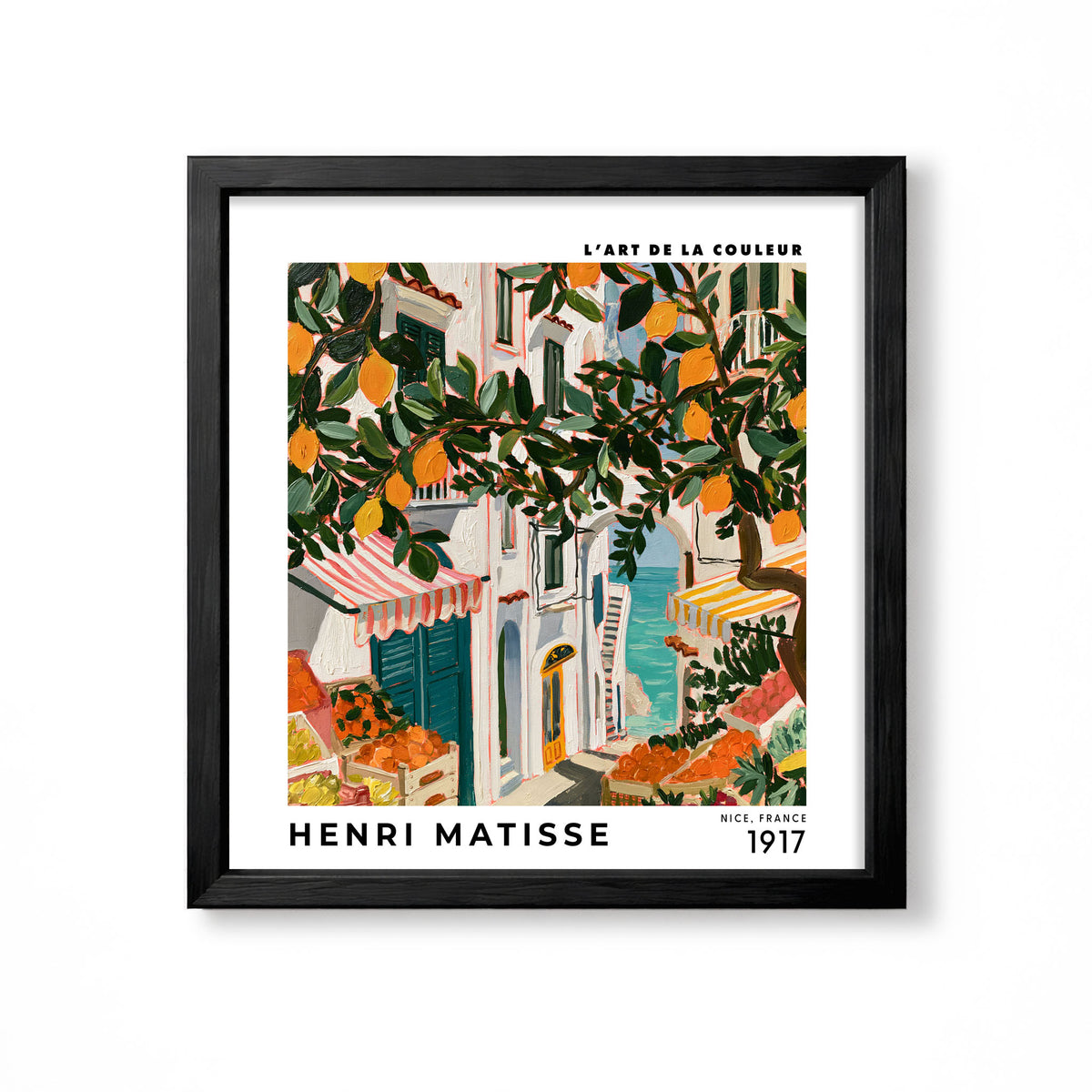 Henri Matisse inspired Mediterranean lemon tree street scene with striped awnings market fruit and blue sea square wall art