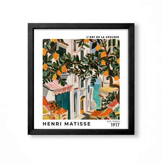 Henri Matisse inspired Mediterranean lemon tree street scene with striped awnings market fruit and blue sea square wall art