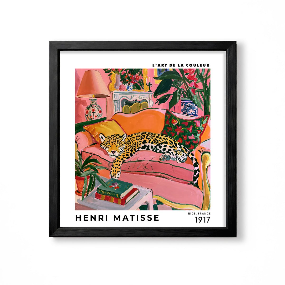 Henri Matisse inspired leopard resting on pink sofa in colourful maximalist interior square wall art