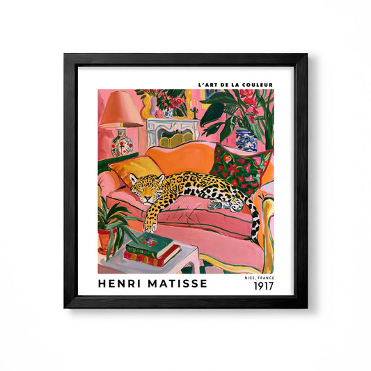 Henri Matisse inspired leopard resting on pink sofa in colourful maximalist interior square wall art