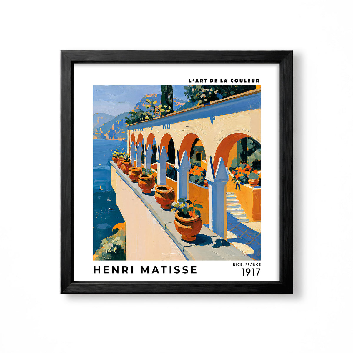 Henri Matisse inspired Mediterranean terrace with arches terracotta pots and blue sea square wall art print