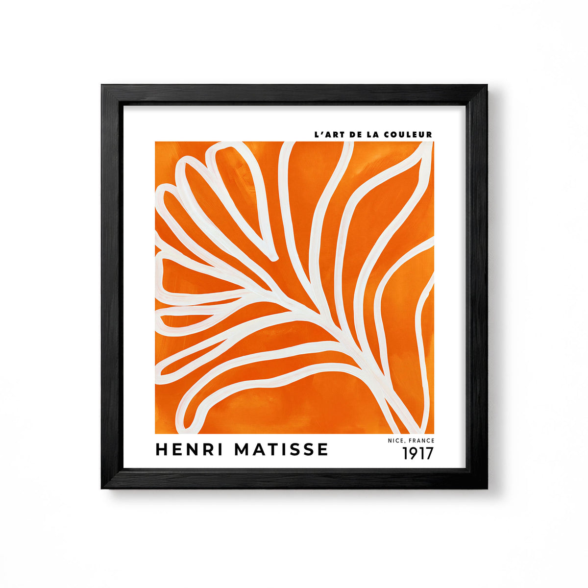 Henri Matisse inspired white botanical leaf line drawing on vivid orange background modern square wall art