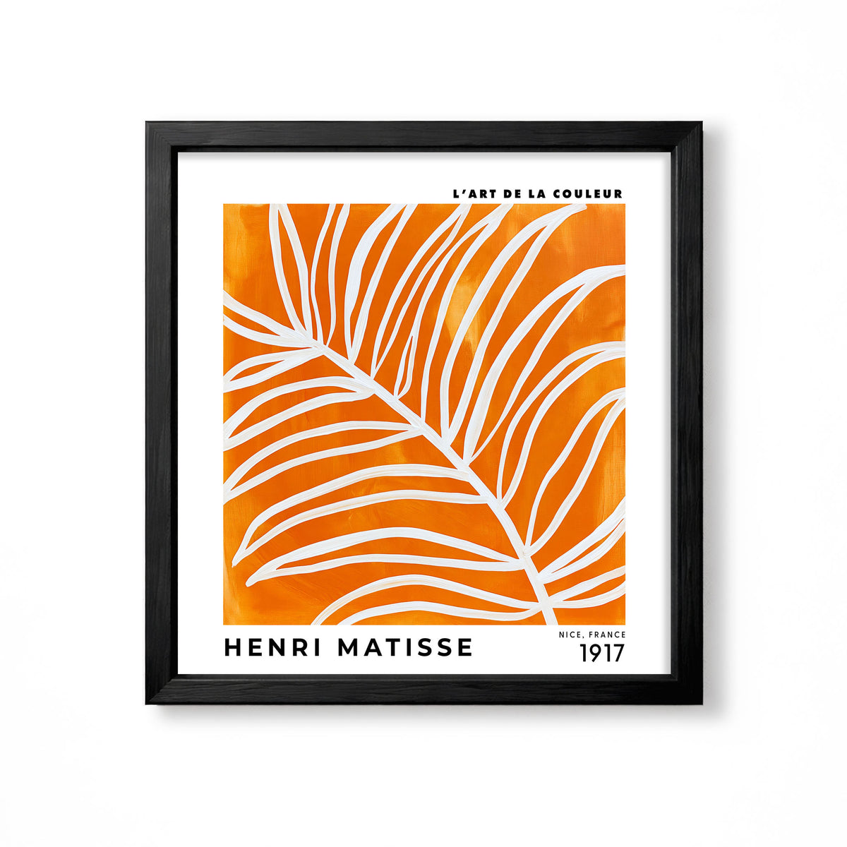 Henri Matisse inspired white palm leaf line art on orange background colourful botanical square wall art