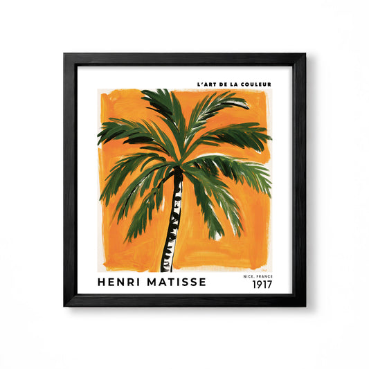 Henri Matisse inspired green palm tree on warm orange background tropical square wall art print