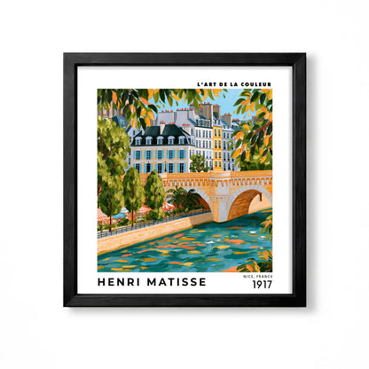 Henri Matisse inspired Paris river bridge with elegant French buildings trees and water square wall art print